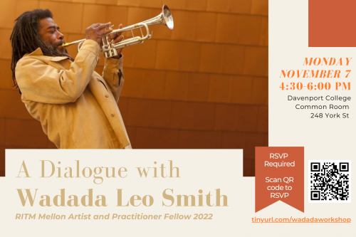 Photo of Wadada Leo Smith's side profile, eyes closed, playing the trumpet to the right.